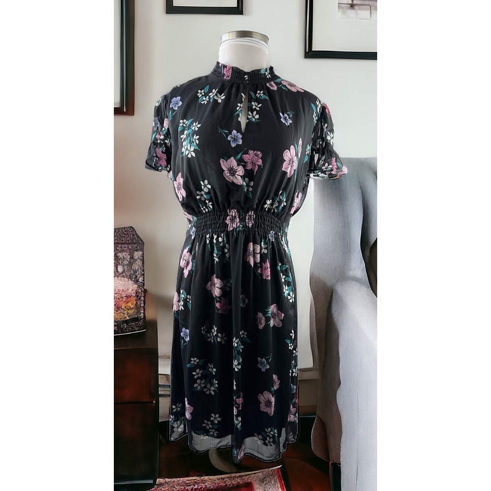 NWT Lane Bryant Floral Dress Blk Smocked Keyhole Chiffon Plus Size 24P 24 Petite - Picture 2 of 15